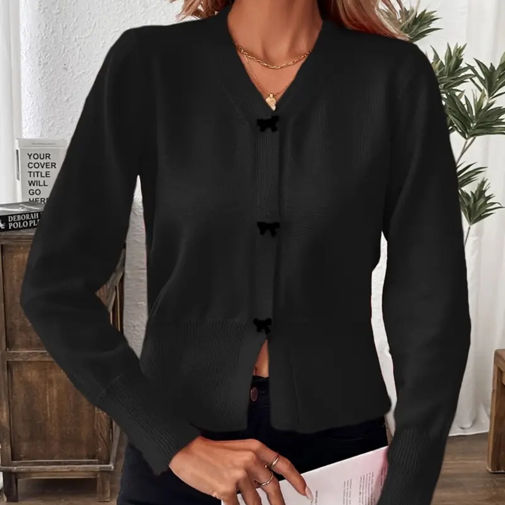 Cardigan, bow design, long sleeve open front XXL black women’s